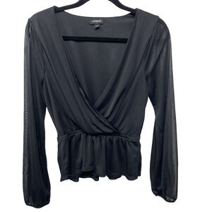Express Black Long Sleeve Deep Draped V Neck Peplum Blouse Sheer Faux Wrap Top M